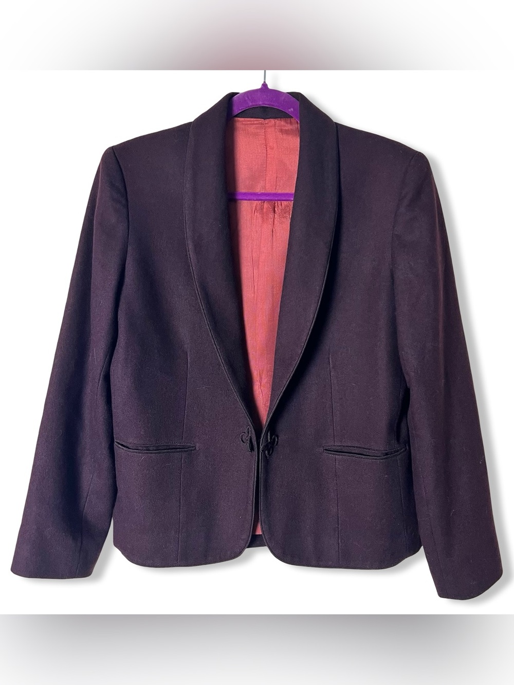 VTG 70s Panther Deep Purple Wool Shawl Collar Blazer Jacket Single Hook Frog S